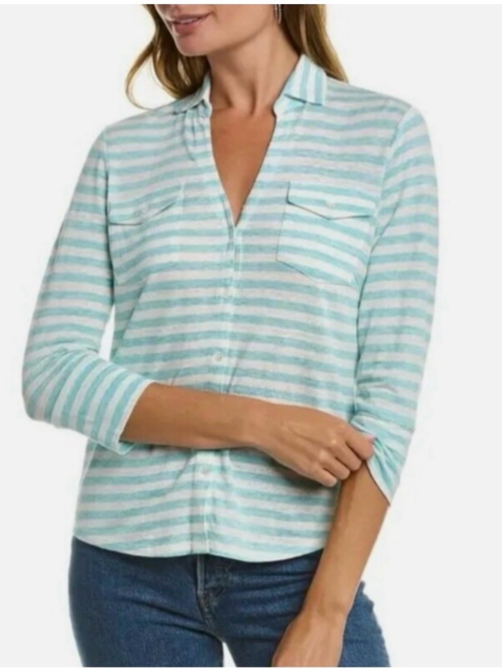 (E-571) J. McLaughlin Mint and White Striped Button-Front Shirt